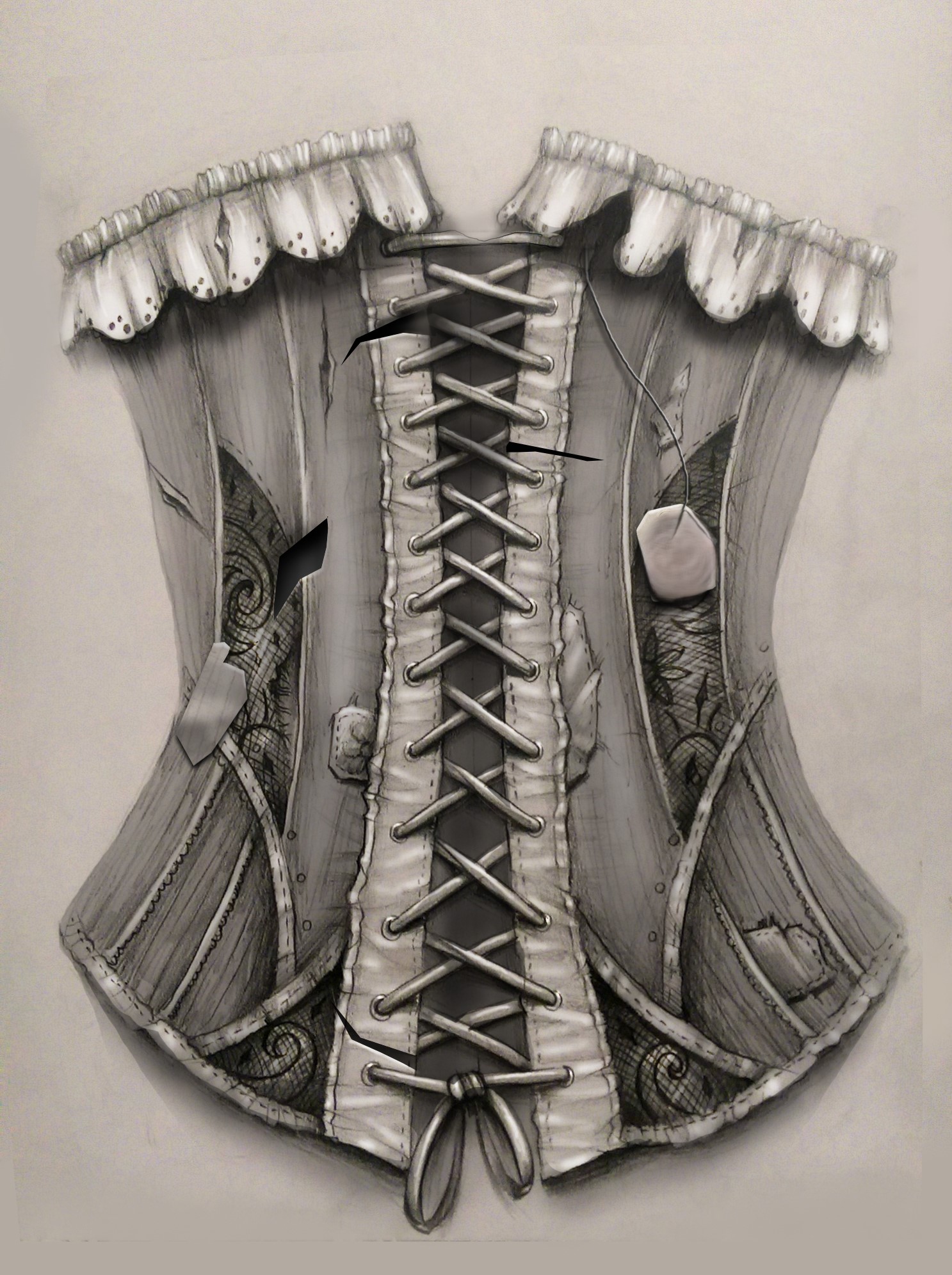 dark corset tattoo design with ties and tag